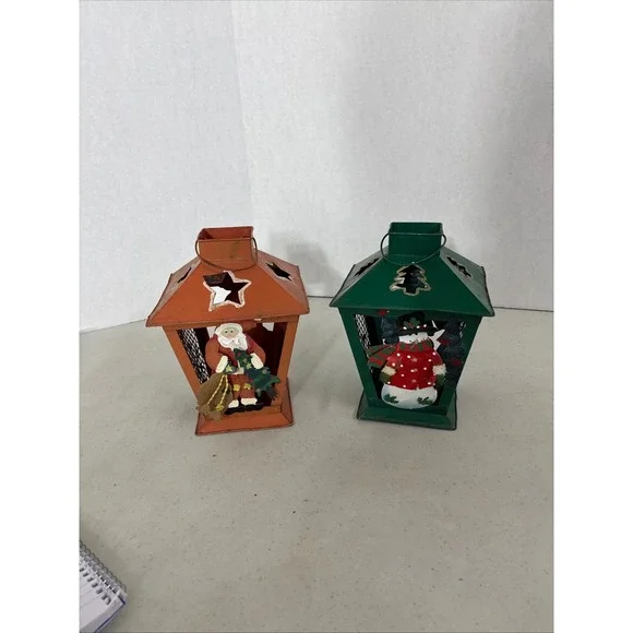Set of 2 Vintage Christmas Metal Lanterns Santa Snowman Holiday Decor - Picture 1 of 7